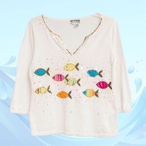 VTG Sweater Jack B Quick Colorful Fish Beads Sequins Fun Print Sz L GrannyCore